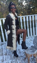 Designer full length Sable brown leather &amp; mongolian lamb Fur Coat jacke... - $593.99