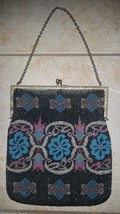 Antique Black Blue Pink Floral Microbeaded Purse Hand Bag - $64.99