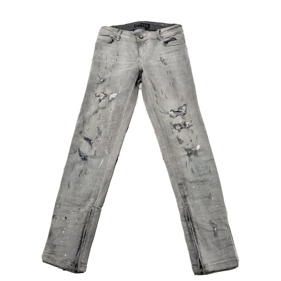 Primary image for Zara Jeans Size 2 W27"xL29" Z1975 Skinny Jeans Ankle Zip Destroyed Painted Spots