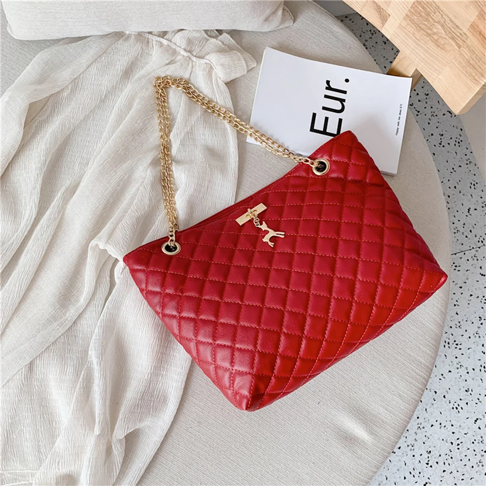 Women PU Leather Chain Handbag Women Soild Color Large Top-handle Bags Female De - $62.15