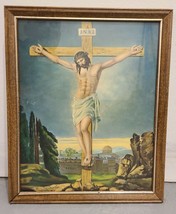Vintage Lord Jesus Christ on the Cross Framed Print 11&quot; by 9&quot; - £40.58 GBP