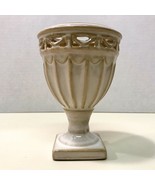 Vintage Ceramic Fluted Pedestal Urn Planter Ivory Beige Decorative Cut O... - £10.18 GBP