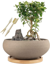 MUZHI round Unglazed Ceramic Bonsai Pot with Bamboo Tray, Large Rough Po... - £21.32 GBP