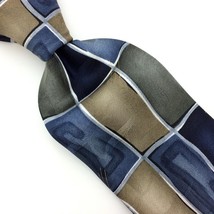 Arrow Tie Gray Navy Blue Tan Silk Necktie Rectangles Art Deco Men Ties #I21 Euc - £12.37 GBP