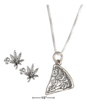 Sterling Silver 18&quot; Slice Of Pizza Pendant Necklace with Pot Leaf Earrings Set - £53.35 GBP