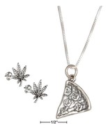 Sterling Silver 18&quot; Slice Of Pizza Pendant Necklace with Pot Leaf Earrin... - £53.54 GBP