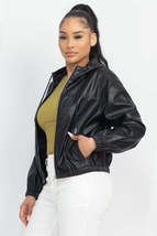 Black Faux Leather Hoodie Elastic Waist Front Zipper Jacket_ - £14.94 GBP