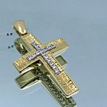 Unisex Handmade Shiny Cross Pendant 14k Bicolor Gold Cubic Zirconia Double Sided - £368.04 GBP
