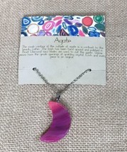 Pink Fuchsia Marbled Agate Moon Pendant Necklace w Silver Tone Chain - £9.39 GBP