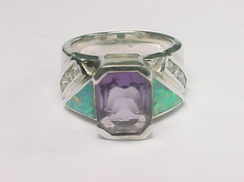 Inlaid OPAL, Channel Set CZ and Bezel Set AMETHYST Designer RING - Size 6 - $85.00