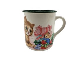 1992 Potpourri Press Cat &amp; Mouse w Christmas Gifts Presents Kitten Coffee Mug - £11.05 GBP