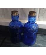 Vintage Cobalt Blue Glass Man and Woman Salt and Pepper Shakers Set Meta... - $238.88 MXN