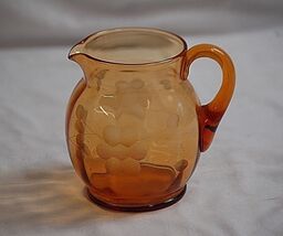 Old Vintage 1930's Cambridge Amber Depression Glass Pitcher Jug w Etched... - $19.79