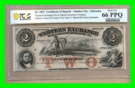 1857 Western Exchange $2 Certificate of Deposit PCGS GEM UNC 66 PPQ - High Grade - $296.99