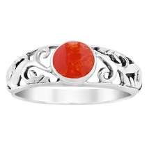 Intricate Lace Swirl Vines Round Red Coral Sterling Silver Ring-7 - £10.55 GBP