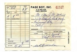 Page Boy Inc Motel Receipt Page Arizona $8.24 per Night 1960's - $11.88