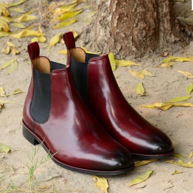 Handmade Men's burgundy color Leather Chelsea Boots ,Men Ankle High Leather boot
