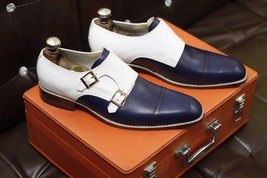New Men&#39;s Handmade Formal Shoes Navy Blue and White Leather Two Tone Double Monk - £111.49 GBP