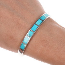 6.25&quot; Vintage Zuni silver Channel inlay squares turquoise cuff bracelet - £154.68 GBP