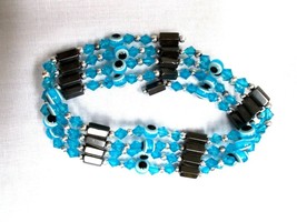 TURQUOISE BLUE EVIL EYE &amp; MAGNETIC HEMATITE BEAD STRAND WRAP BRACELET NE... - $9.79 CAD