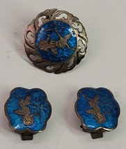 VTG Sterling Silver Siam Thai Blue Enamel Guilloche Clip On Earrings Goddess - £22.72 GBP