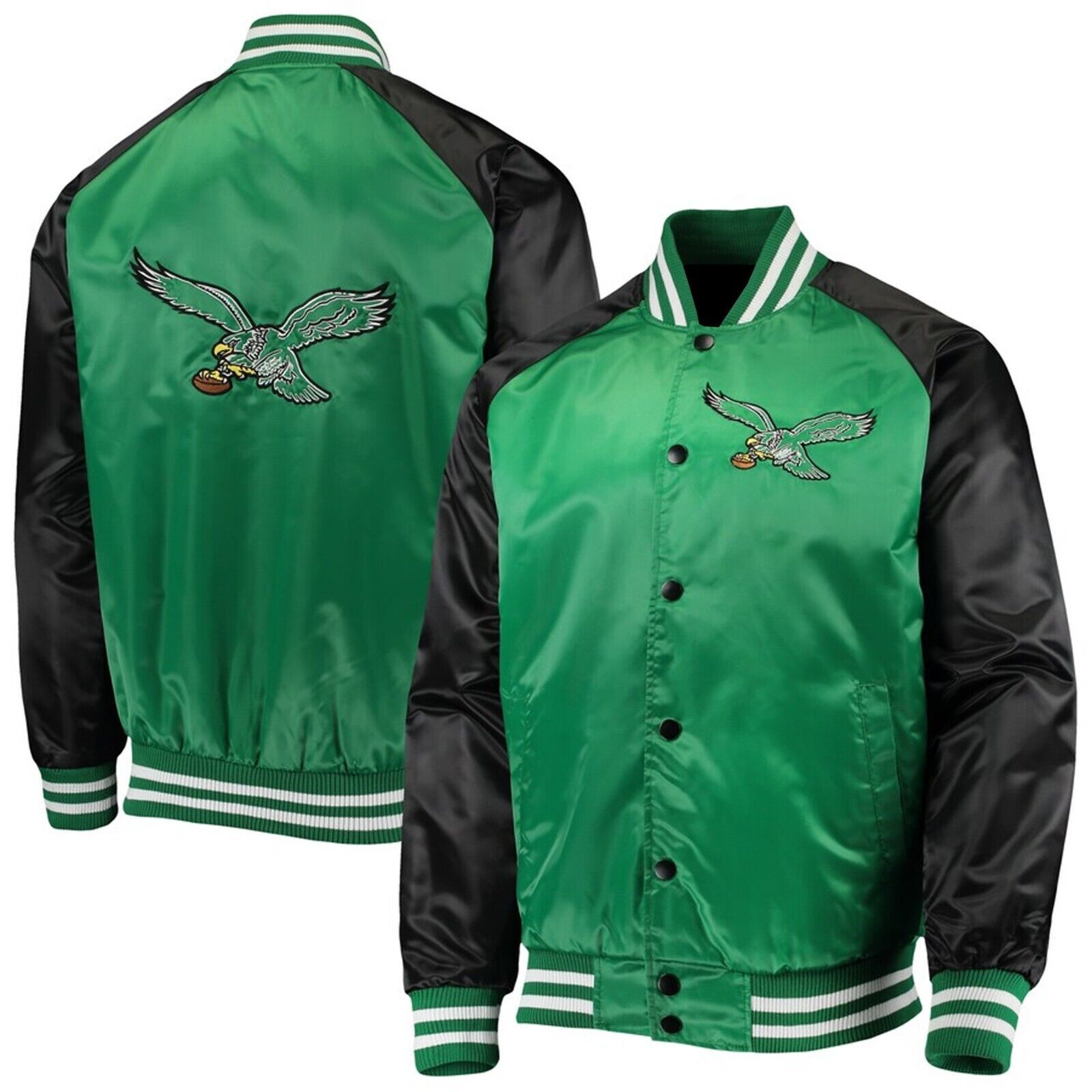 NFL Philadelphia Eagles 80s Letterman Baseball Jacket Bomber Green Black Satin