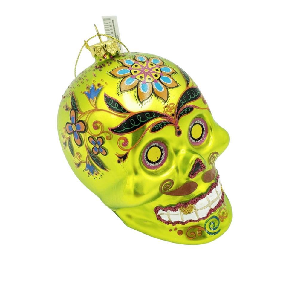 Primary image for SKULL ORNAMENT 4" Glass Christmas Tree Day of the Dead Sugar El Muerto Green