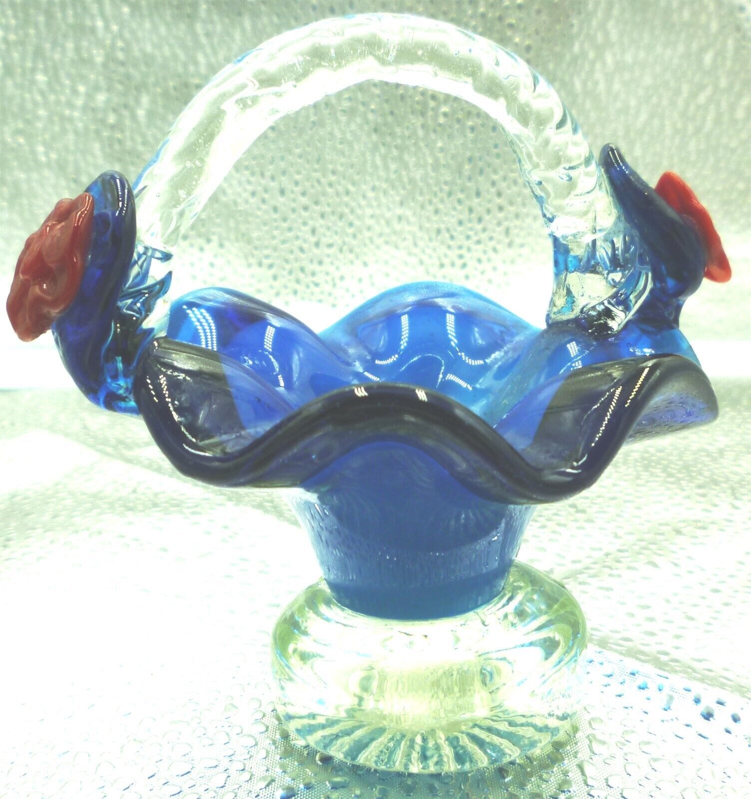 VINTAGE MURANO GLASS COBALT SCULPTURED FLOWERS MINIATURE BASKET - $15.68