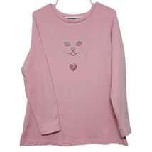 Quacker Factory Pink Kitty Face Rhinestone Sweatshirt Y2KGrandmacore Coq... - $26.99