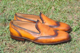 Handmade Leather  Yellow Patina Loafers Shoes Men Genuine Leather Custom... - $159.99+