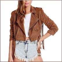Brown Faux Leather Suede Motorcycle Cross Zip Up Long Flying Fringed Back Jacket
