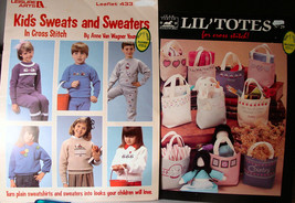 2 Vintage Cross Stitch Leaflets Lil&#39; Totes &amp; Kid&#39;s Sweats &amp; Sweaters - £4.57 GBP