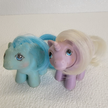 Vintage 87 Hasbro 2 My Little Pony MLP Baby Unicorn Purple w Bunny &amp; Blu... - $51.60 CAD