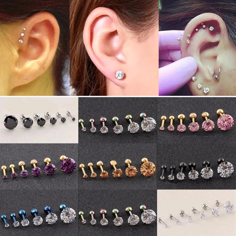 Play Fashion CZ 3 Prong Tragus Cartilage Stainless Steel Ear Stud Crystal Zircon - £23.18 GBP
