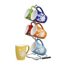 Home Basics 6 Piece 11 Ounce Floral Ceramic Mug Set with Display Stand, Multi co - £29.25 GBP