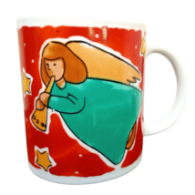 Angel with Flute Coffee Mug Enesco Christmas Cup Stars Trumpet Red Green VTG NOS - $8.70