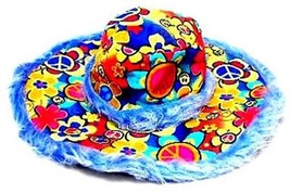 FUZZY BLUE PEACE SIGN WIDE BRIM HAT hippie party hats ladies mens head w... - £5.30 GBP