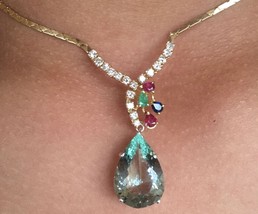 Rare huge 13ct green aquamarine diamond ruby sapphire emerald 18k gold necklace - £4,763.59 GBP