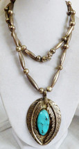 VTG Navajo Handmade Sterling Silver Bench Bead Turquoise Pendant Necklace 33&quot;L - £414.59 GBP