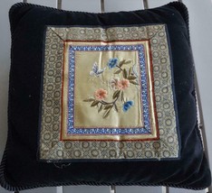 Hand Crafted Black Velvet Pillow - Embossed Silk Applique Front Piece - ... - £38.83 GBP