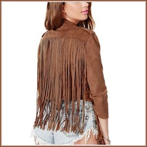 Brown Faux Leather Suede Motorcycle Cross Zip Up Long Flying Fringed Back Jacket image 2
