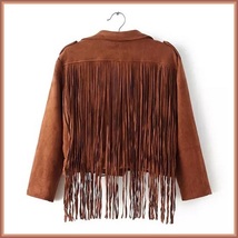 Brown Faux Leather Suede Motorcycle Cross Zip Up Long Flying Fringed Back Jacket image 3