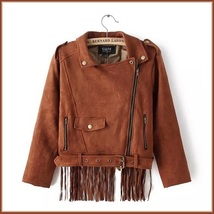Brown Faux Leather Suede Motorcycle Cross Zip Up Long Flying Fringed Back Jacket image 4
