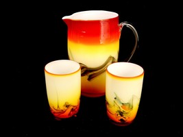 Amberina Milk Glass Pitcher &amp; 2 Glasses, Southwestern Style, Streaked De... - $88.15