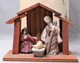 Nativity Set Mary Baby Jesus Glued With Manger Wood Ceramic Small Vintage - £6.06 GBP