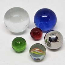 Vtg Glass Marbles Lot Of 6 Assorted Design Red Clear Blue Metallic Green Cat Eye - £11.95 GBP
