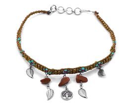 Tree of Life Charm Metal Leaf Chip Stone Dangle Seed Beaded Floral Strap Anklet  - £12.44 GBP
