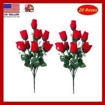 20 Red Rose Buds, Artificial Silk Flowers, Wedding Bouquets, Home, Faux Roses - £9.32 GBP