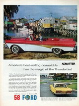 1958 Ford Convertible T Bird Car Ad Red & White Thunderbird Ad Automobile Art! - $6.92