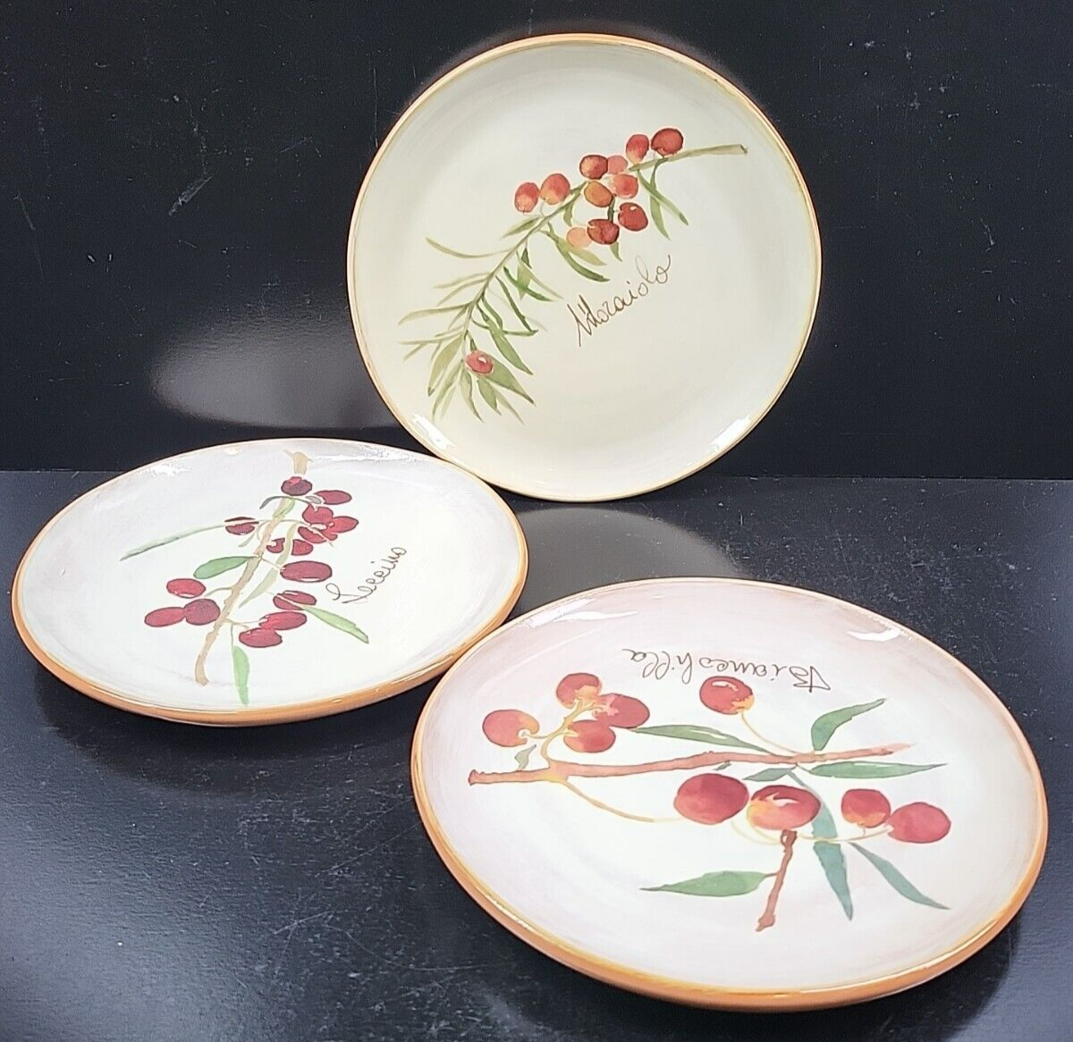 Primary image for 3 Crate & Barrel Olive Themed Appetizer Plates Mix Set Ceramic Dishes Italy Lot